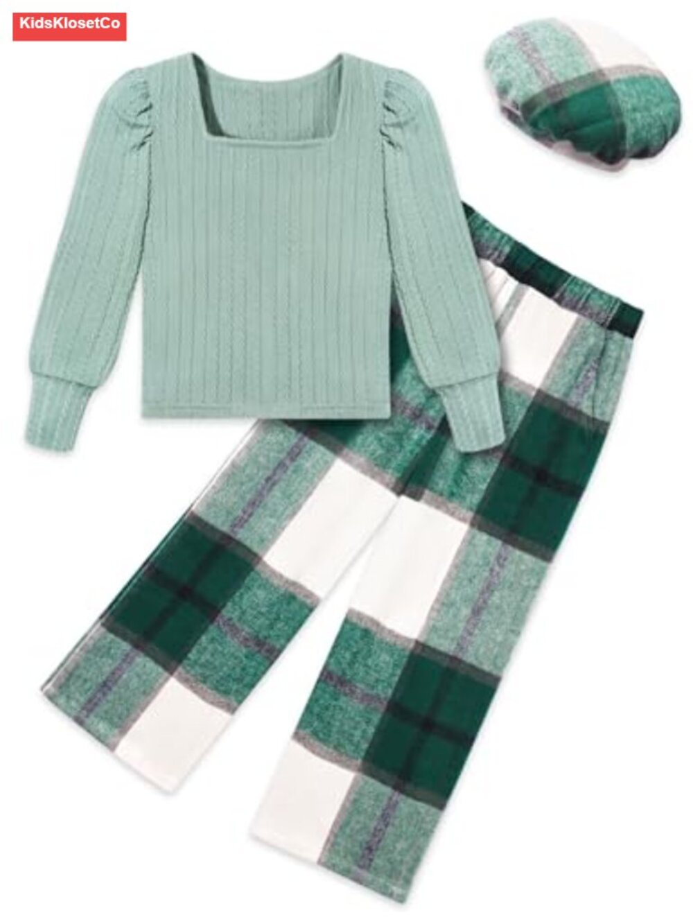 Girls Square Neck Puff Sleeve Top and Wide Leg Plaid Pants Set with Hat